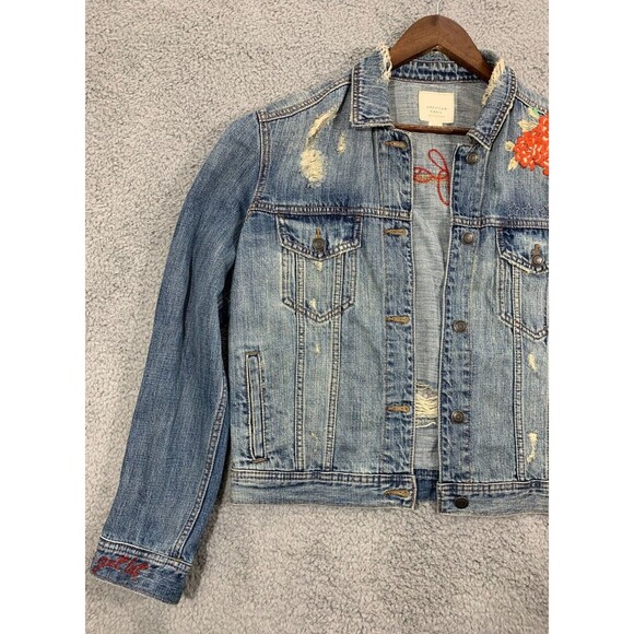 American Eagle (M) Blue Jean Denim Jacket Floral Wearable Art Distressed Pockets - Picture 4 of 16